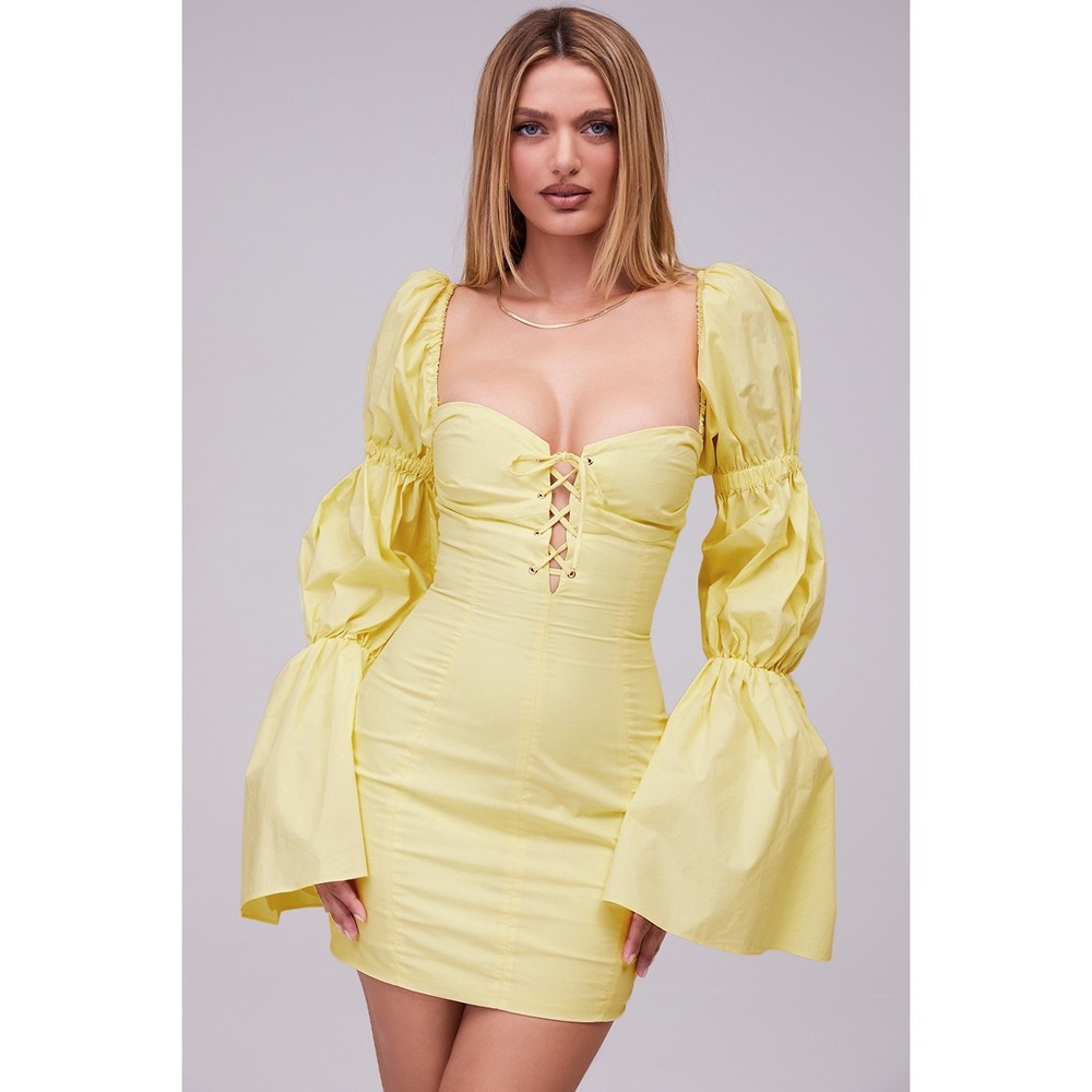 Mistress Rocks Heartbeat Lemon Puff Sleeve Lace Up Mini Dress S Cotton